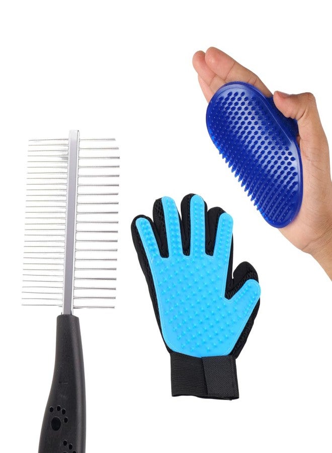 REGIIS Pet Grooming Set with Deshedding Brush, Glove and Metal Comb, Professional Dog Cat Hair Removal Tools, Blue and Black(PACK OF 3) - Image 1